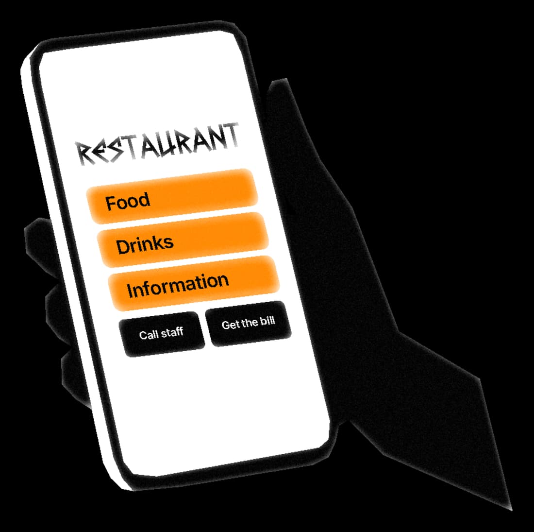 Illustration: a hand holds a phone showing the venue page, with Call staff and Get the bill